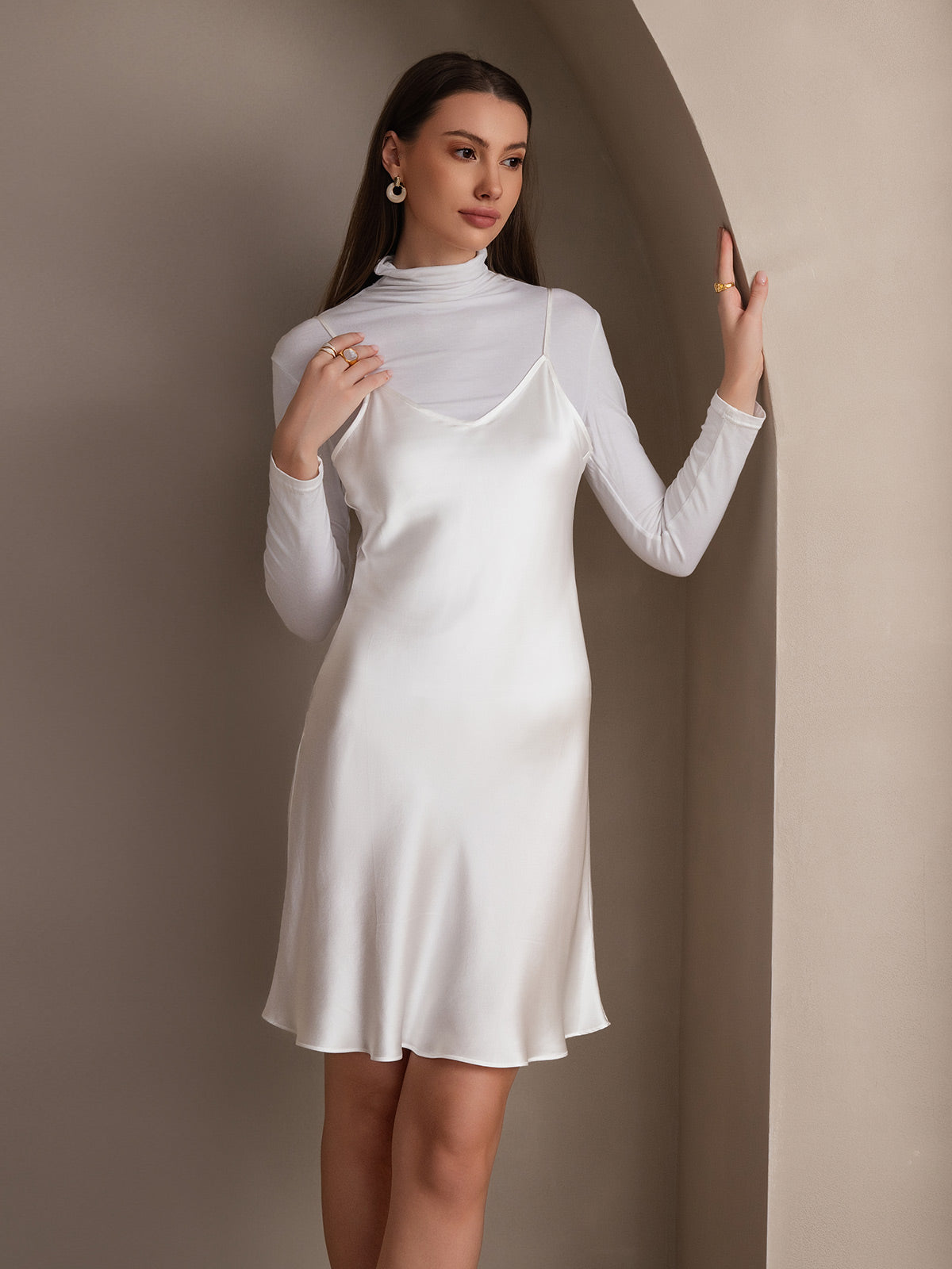 [White] SilkSilky-UK Pure Silk Sleeveless V Neck Dress 004