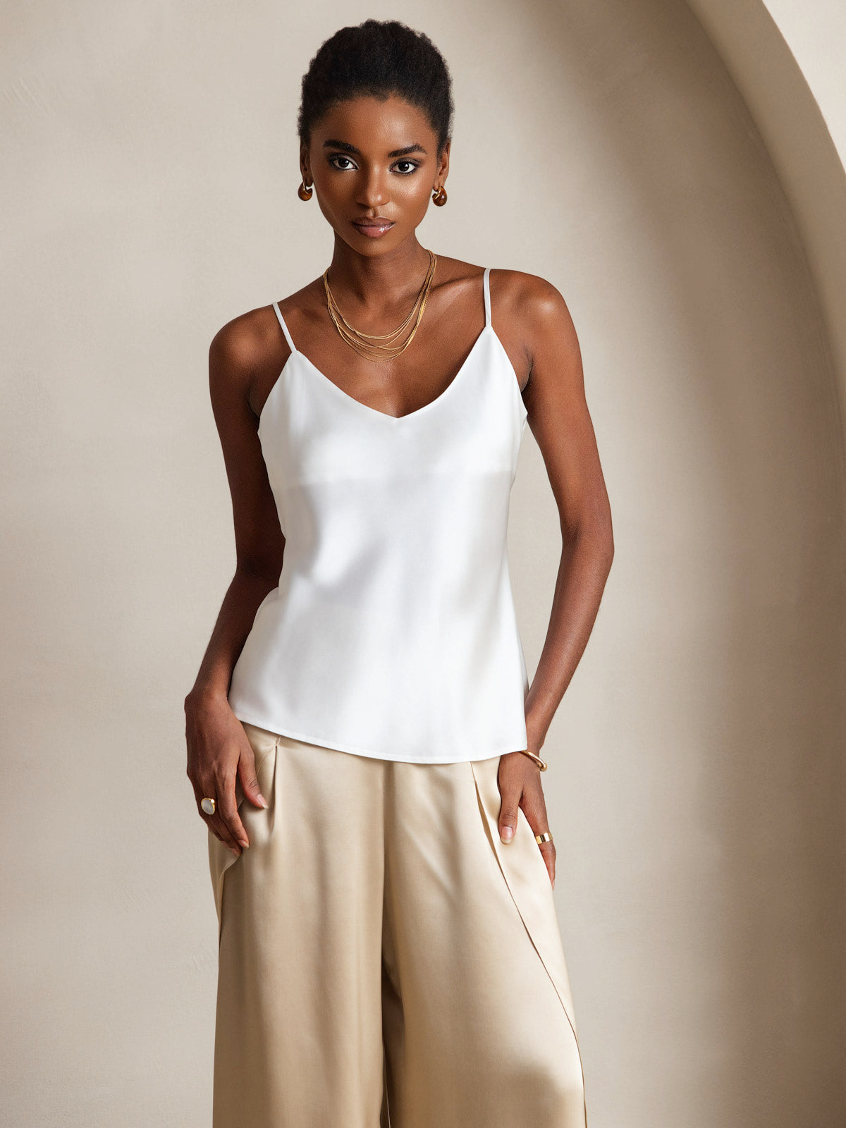 [White] SilkSilky-UK Pure Silk V Neck Camisole 001