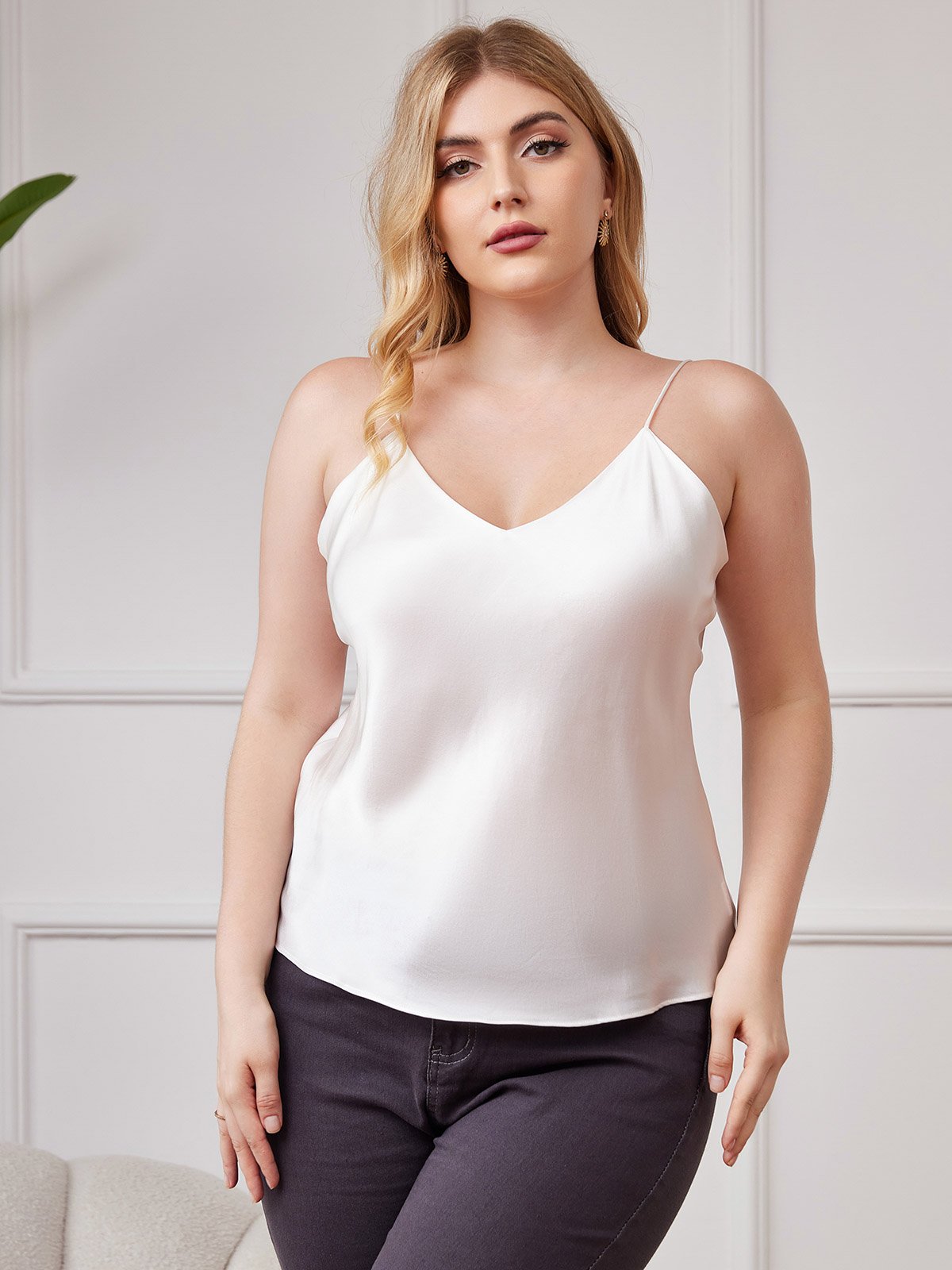 [White] SilkSilky-UK Pure Silk V Neck Plus Size Camisole Top 001