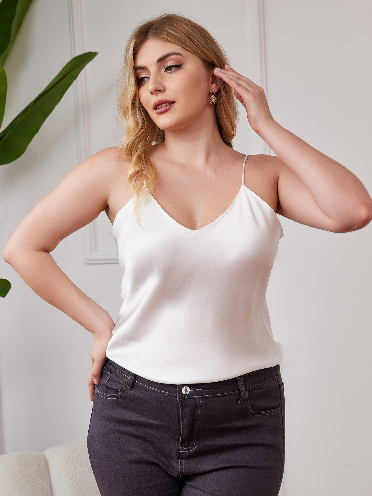 [White] SilkSilky-UK Pure Silk V Neck Plus Size Camisole Top 003