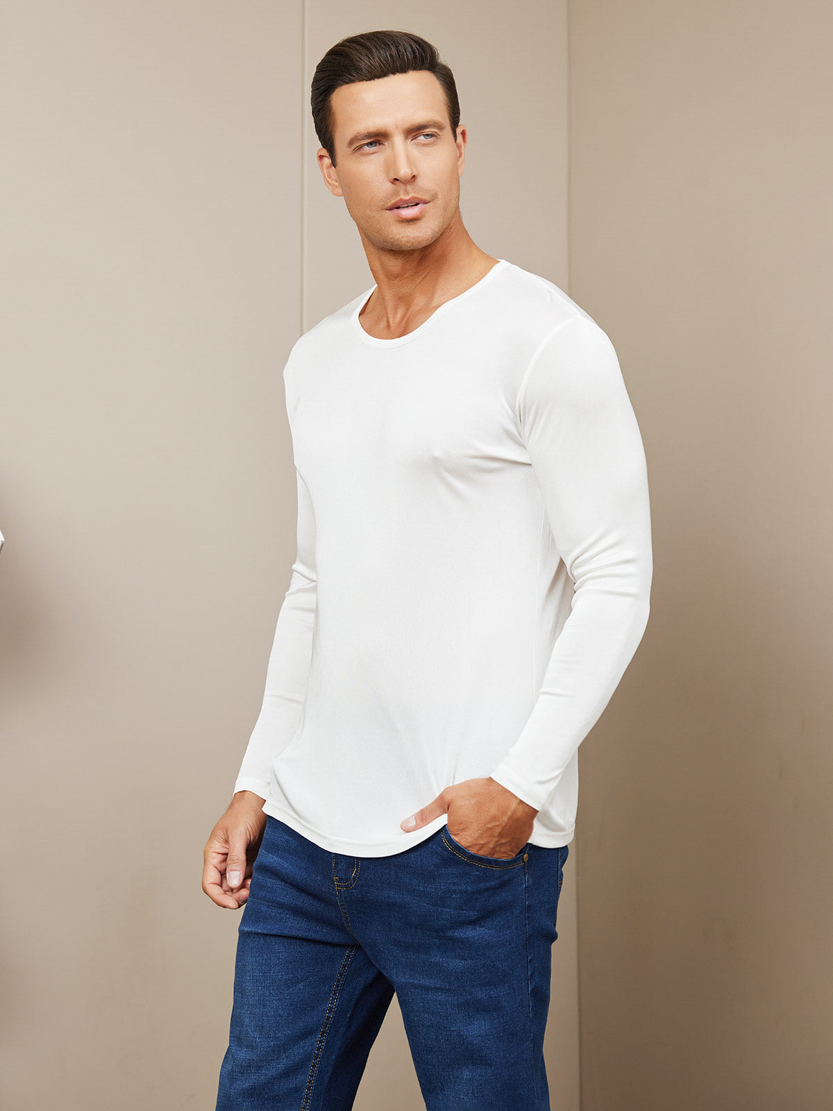 [White] SilkSilky-UK Silk Knitted Long Sleeve Round Neck Men's T-Shirt 001