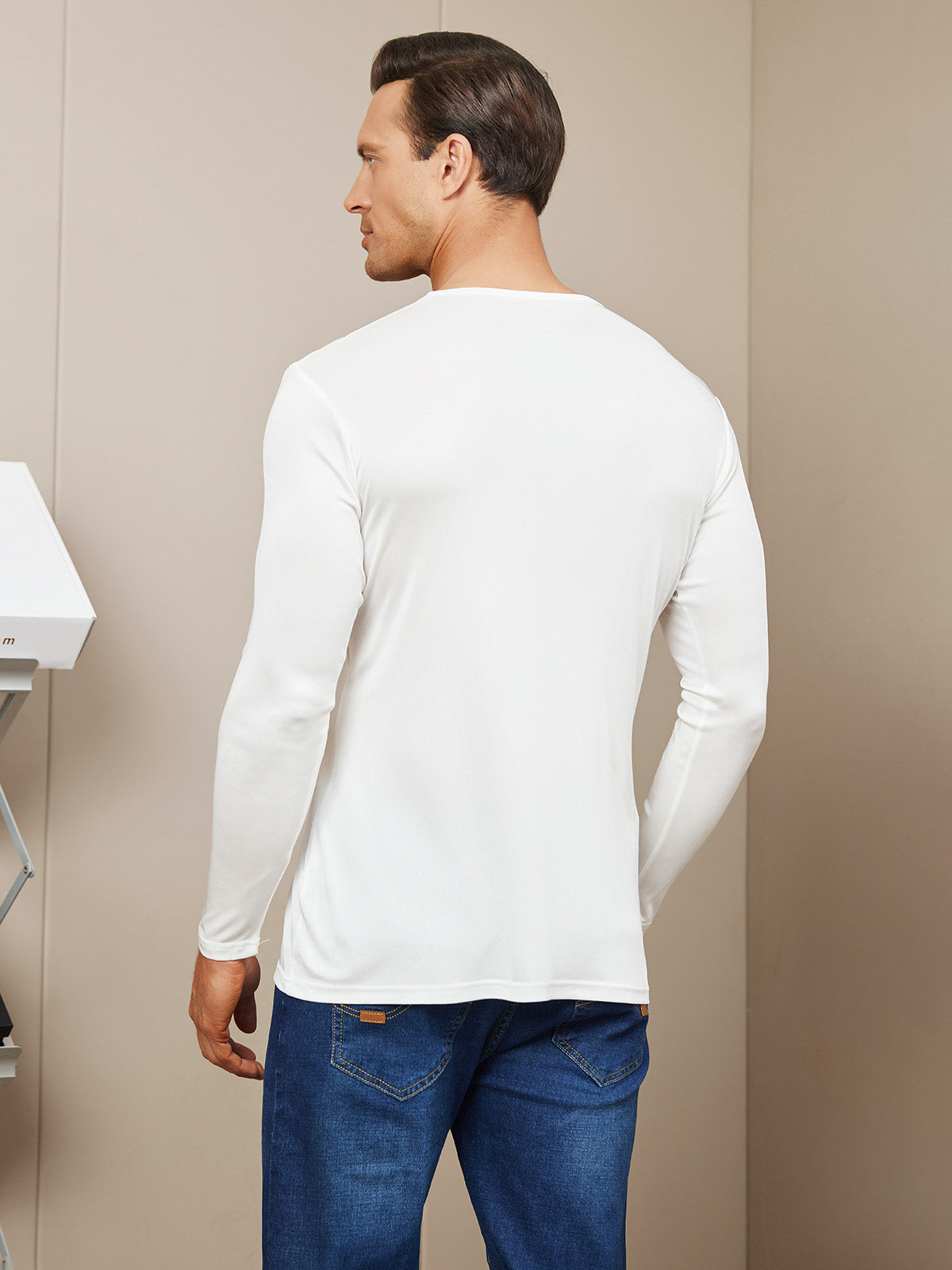 [White] SilkSilky-UK Silk Knitted Long Sleeve Round Neck Men's T-Shirt 002