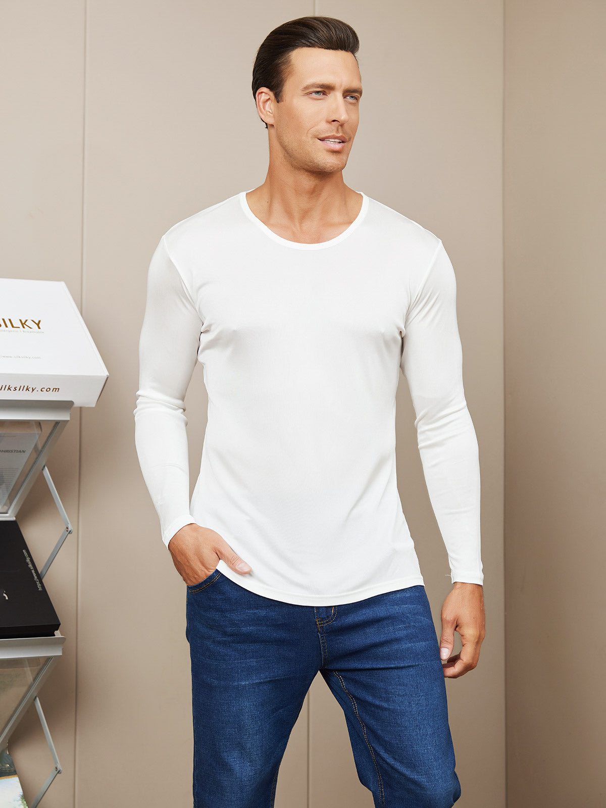 [White] SilkSilky-UK Silk Knitted Long Sleeve Round Neck Men's T-Shirt 003