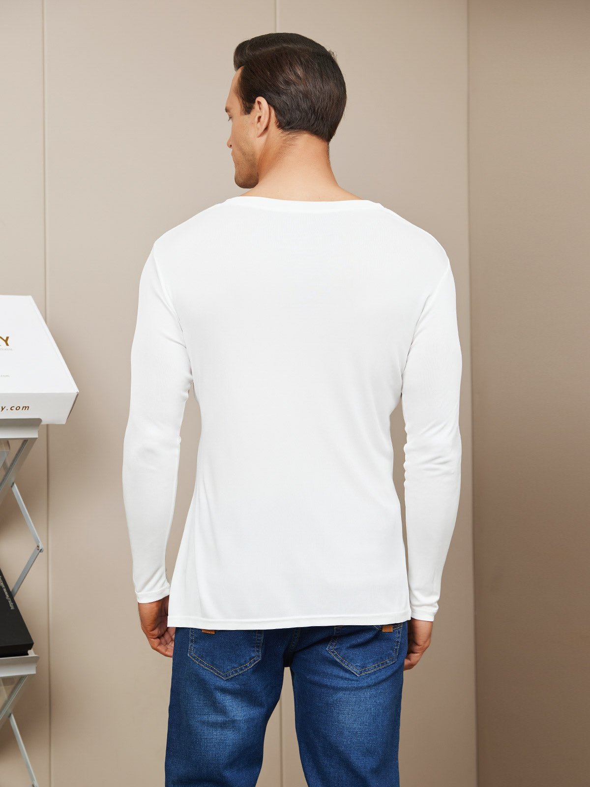 [White] SilkSilky-UK Silk Knitted Long Sleeve V Neck Men's T-Shirt 002