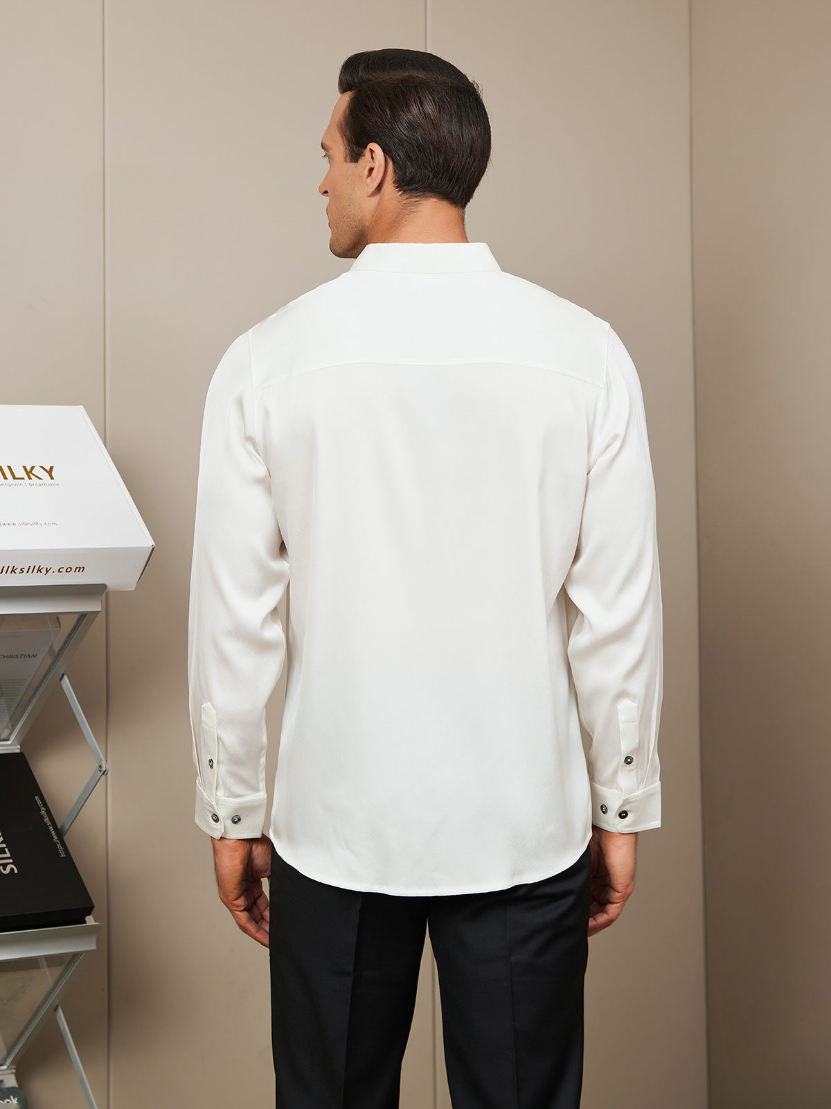 [White] SilkSilky-UK Silk Long Sleeve Collar Men's Shirt 002