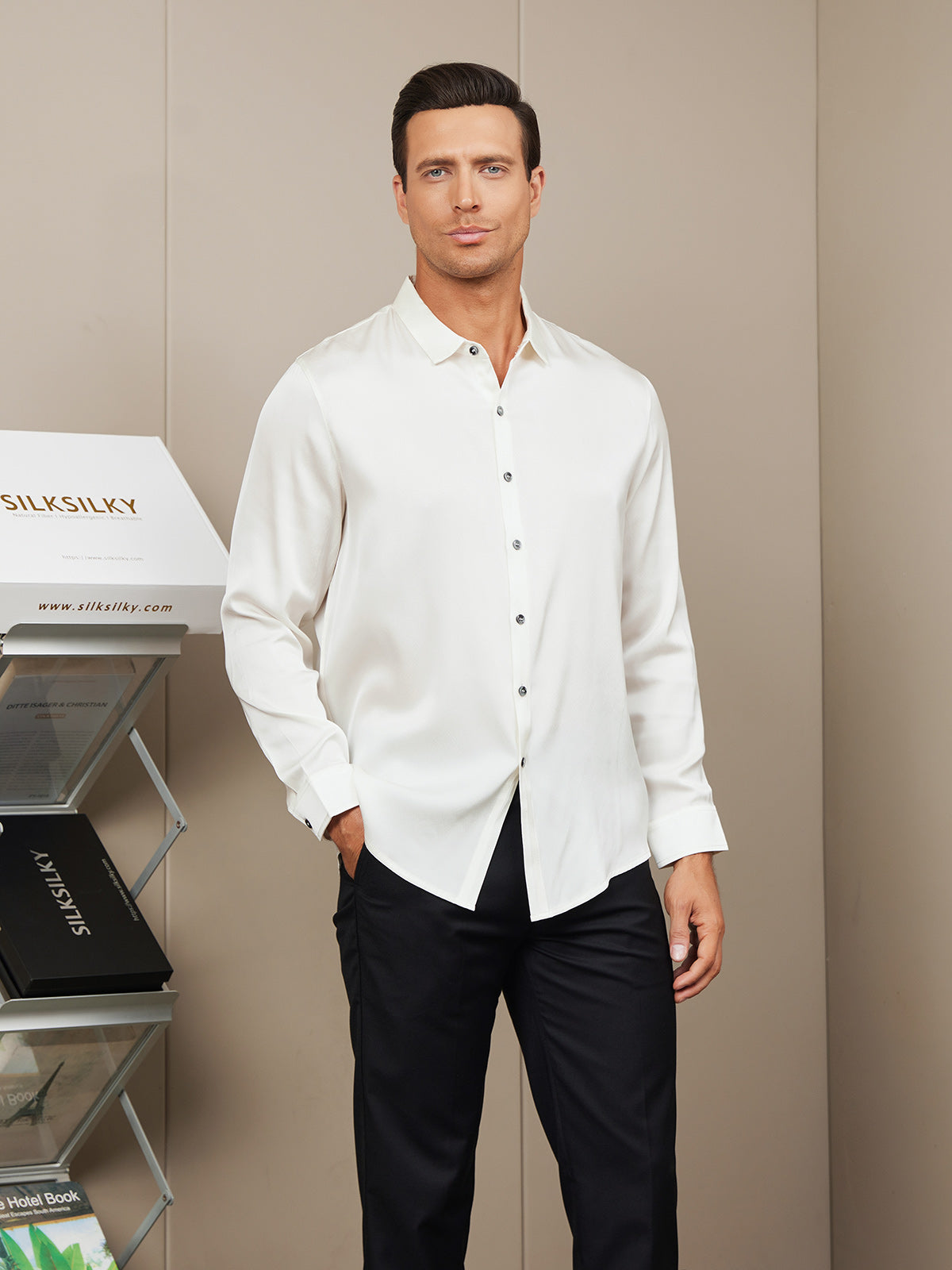 [White] SilkSilky-UK Silk Long Sleeve Collar Men's Shirt 004