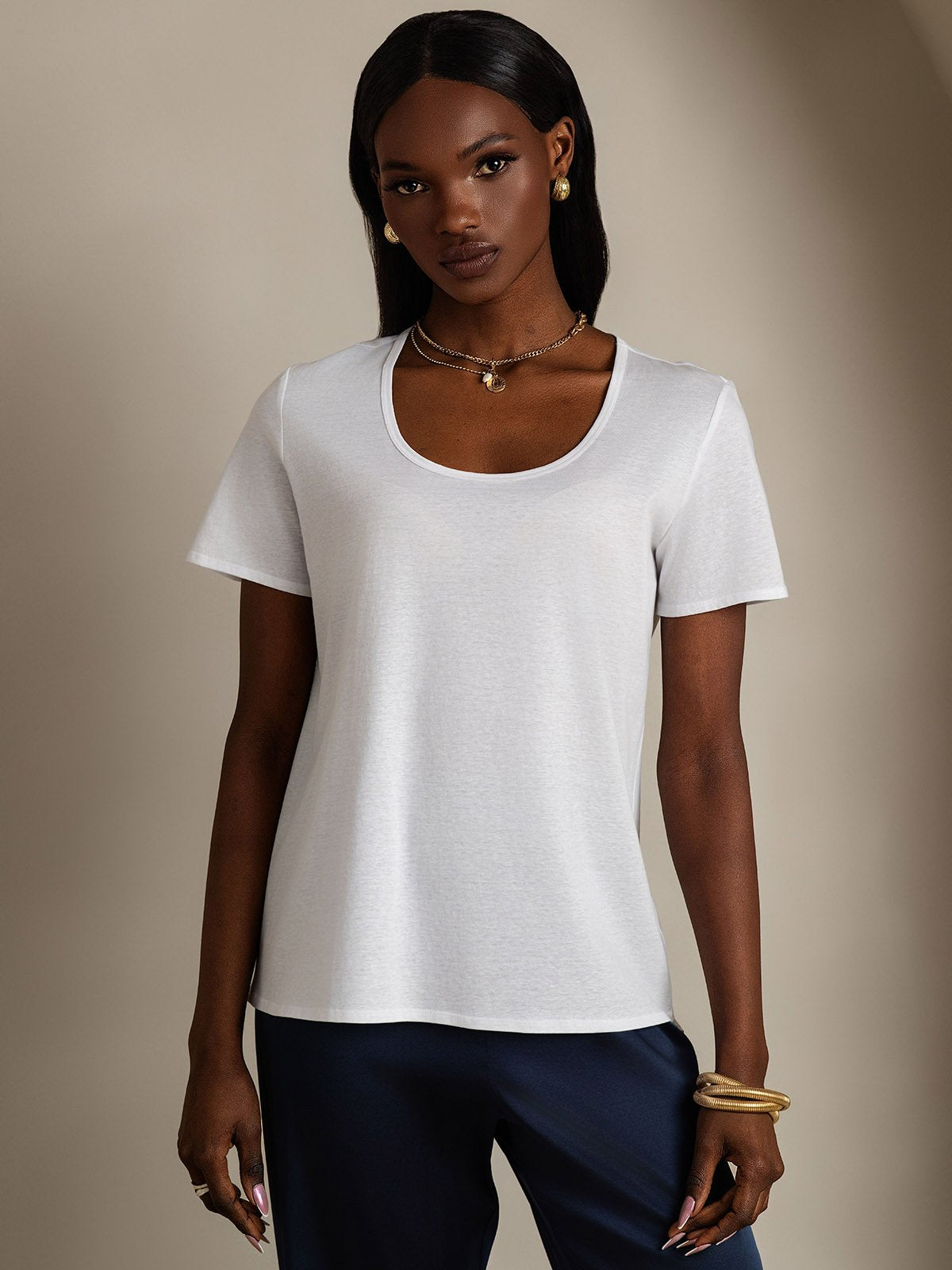 [White] SilkSilky-UK Silk Short Sleeve U Neck Women's T-Shirt 001