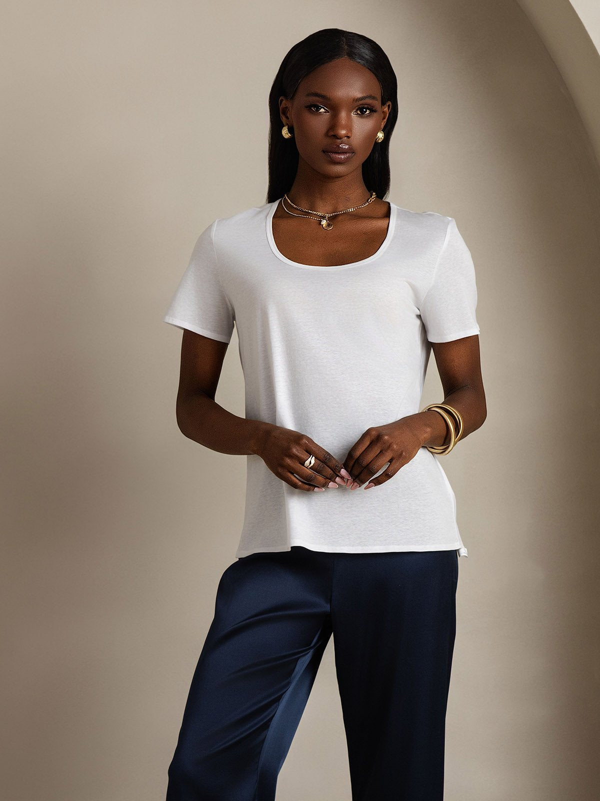 [White] SilkSilky-UK Silk Short Sleeve U Neck Women's T-Shirt 003