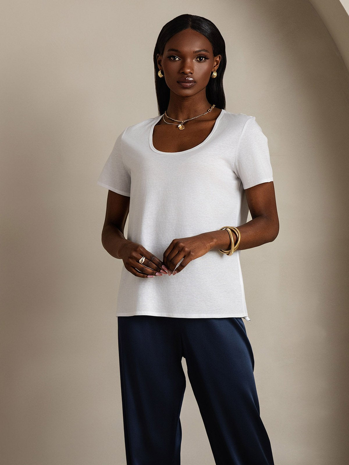 [White] SilkSilky-UK Silk Short Sleeve U Neck Women's T-Shirt 004