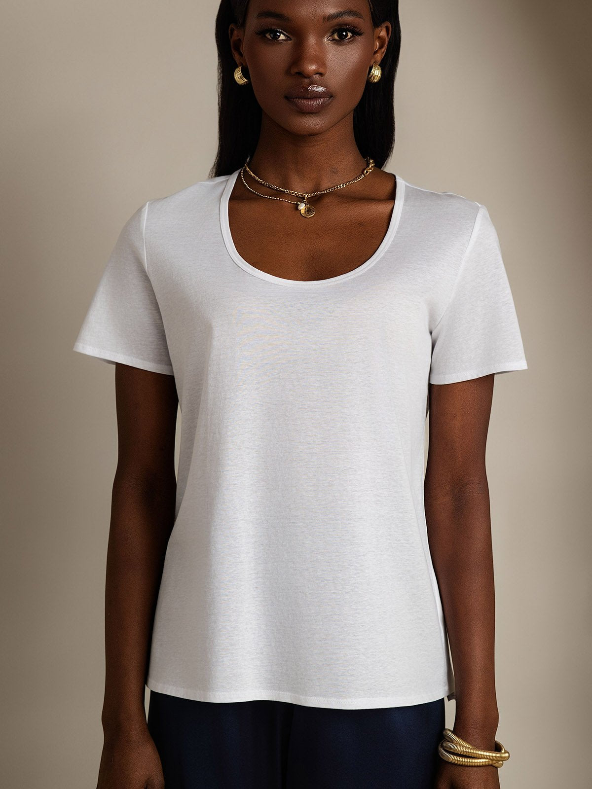 [White] SilkSilky-UK Silk Short Sleeve U Neck Women's T-Shirt 007