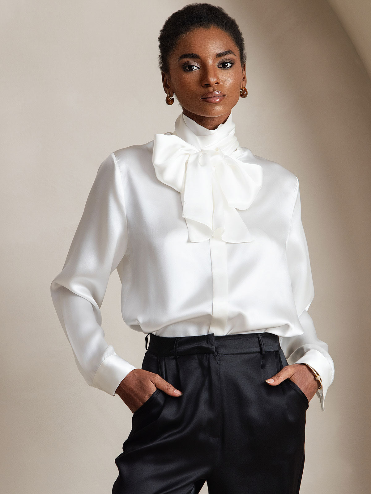 [White] SilkSilky-UK 19Momme Silk Long Sleeve Tie Neck Blouse 001