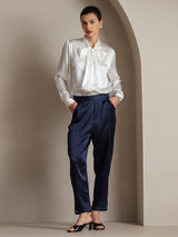 [White] SilkSilky-UK 19Momme Stretch Silk Charmeuse Long Sleeve Tie Neck Blouse 007
