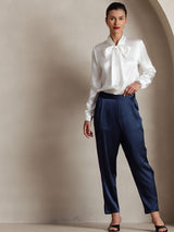 [White] SilkSilky-UK 19Momme Stretch Silk Charmeuse Long Sleeve Tie Neck Blouse 008