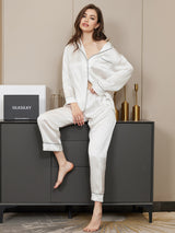 [White] SilkSilky-UK Long Sleeve Lapel Collar Women's Pyjamas 001