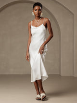 [White] SilkSilky-UK Spaghetti Strap Cowl Neck Dress 005