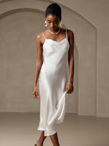 [White] SilkSilky-UK Spaghetti Strap Cowl Neck Dress 006