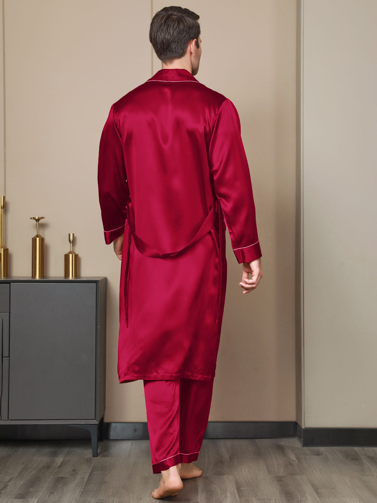 [Wine] SilkSilky-UK 19Momme Pure Silk Long Sleeve Lapel Men's Dressing Gown 002