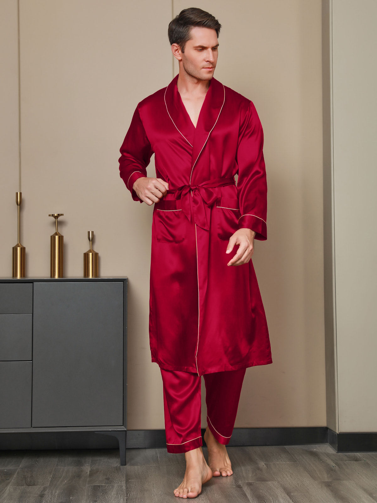 [Wine] SilkSilky-UK 19Momme Pure Silk Long Sleeve Lapel Men's Dressing Gown 003