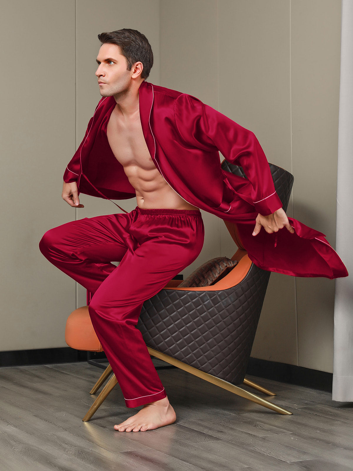 [Wine] SilkSilky-UK 19Momme Pure Silk Long Sleeve Lapel Men's Dressing Gown 005