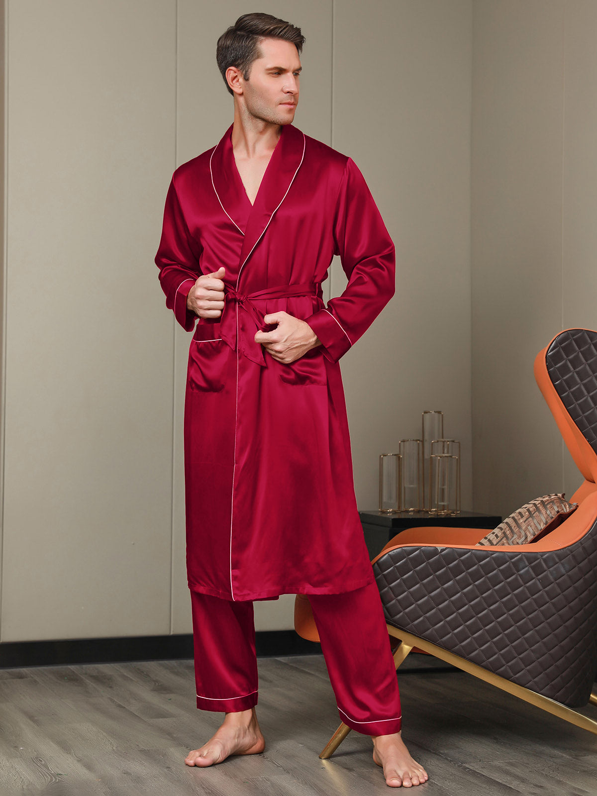 [Wine] SilkSilky-UK 19Momme Pure Silk Long Sleeve Lapel Men's Dressing Gown 006