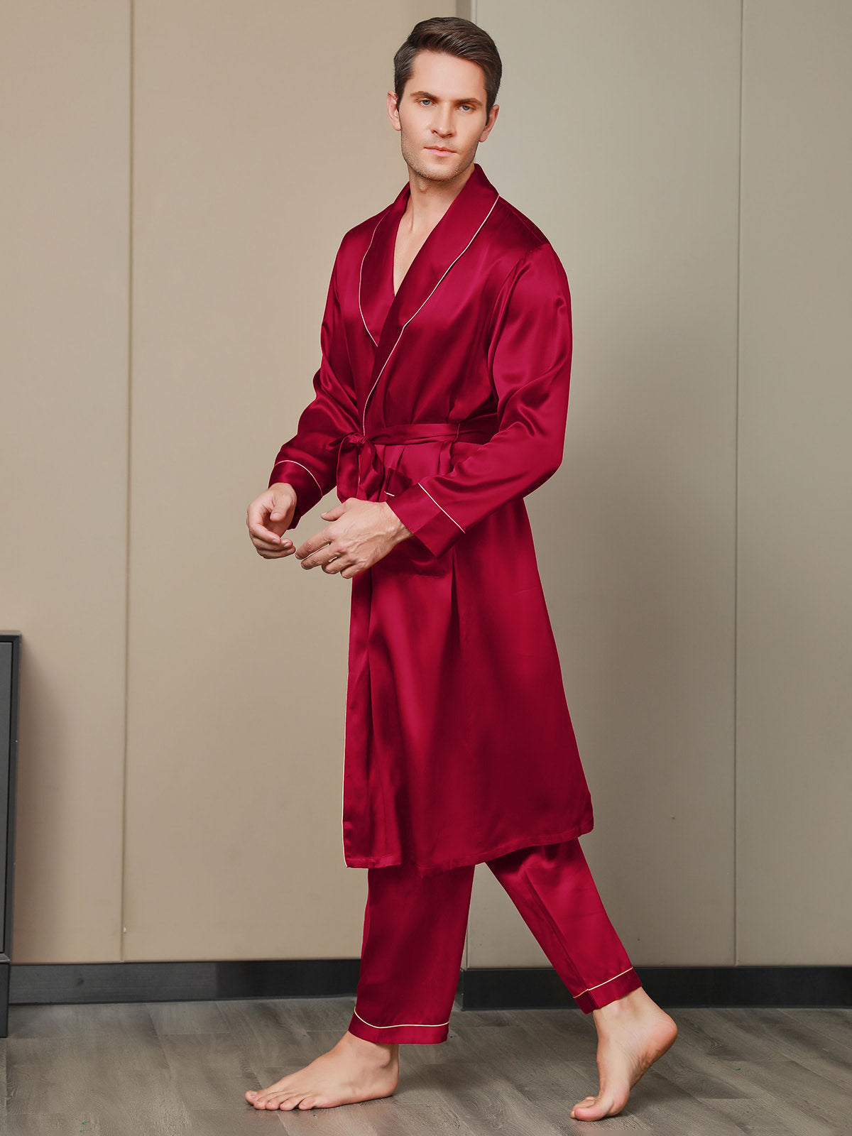 [Wine] SilkSilky-UK 19Momme Pure Silk Long Sleeve Lapel Men's Dressing Gown 007