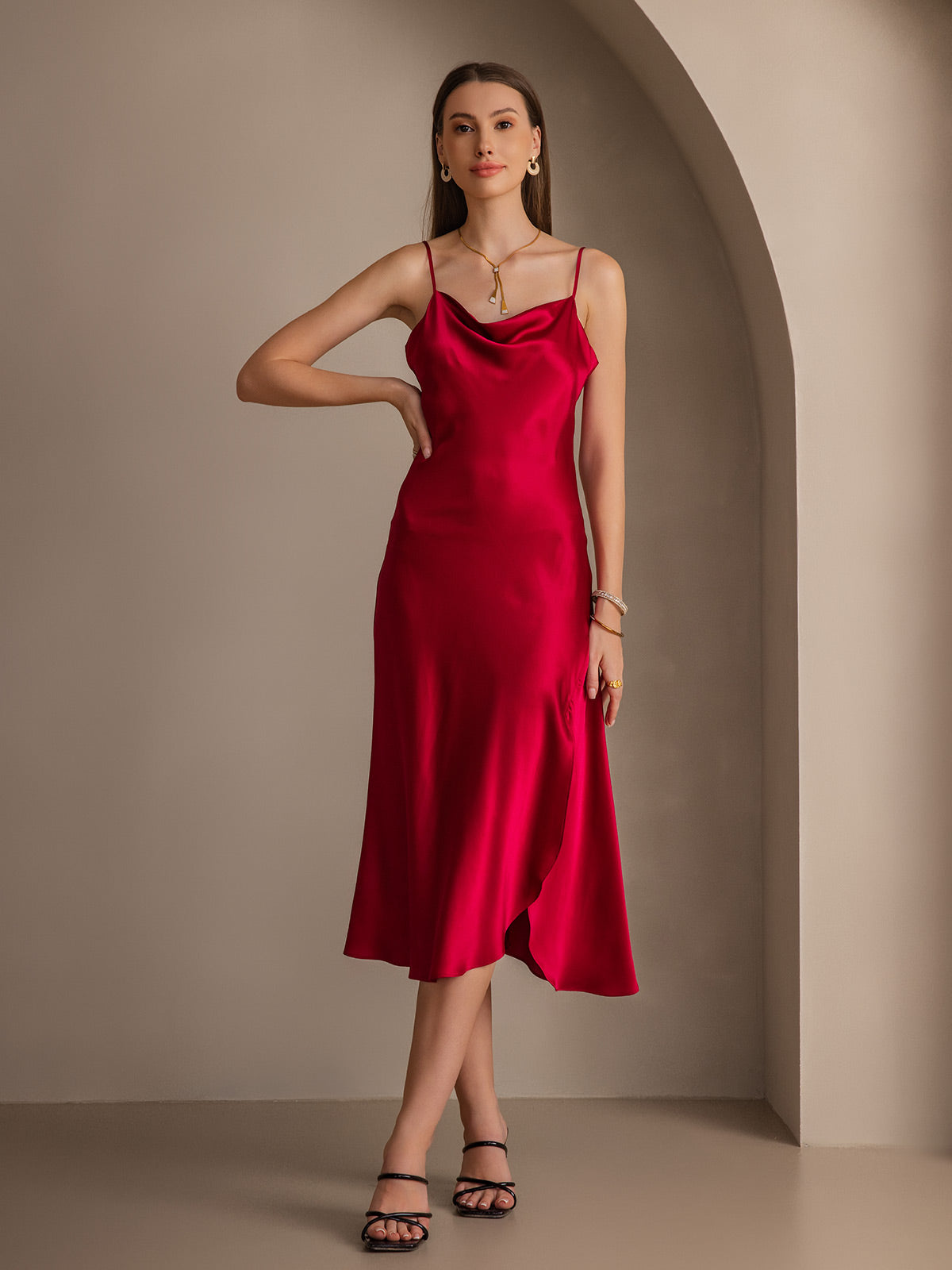 [Wine] SilkSilky-UK 19Momme Pure Silk Sleeveless Cowl Neck Dress 004
