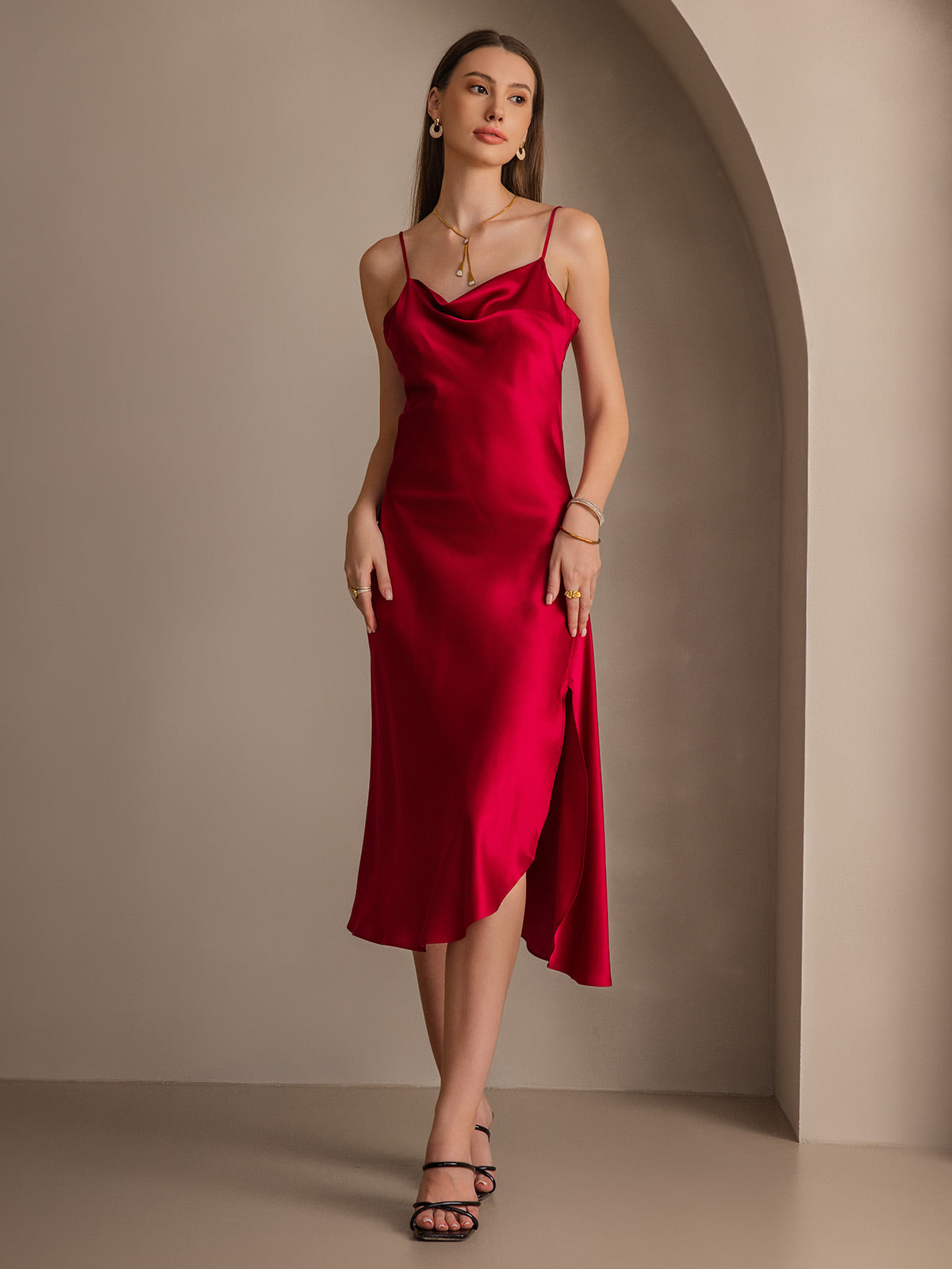 [Wine] SilkSilky-UK 19Momme Pure Silk Sleeveless Cowl Neck Dress 006