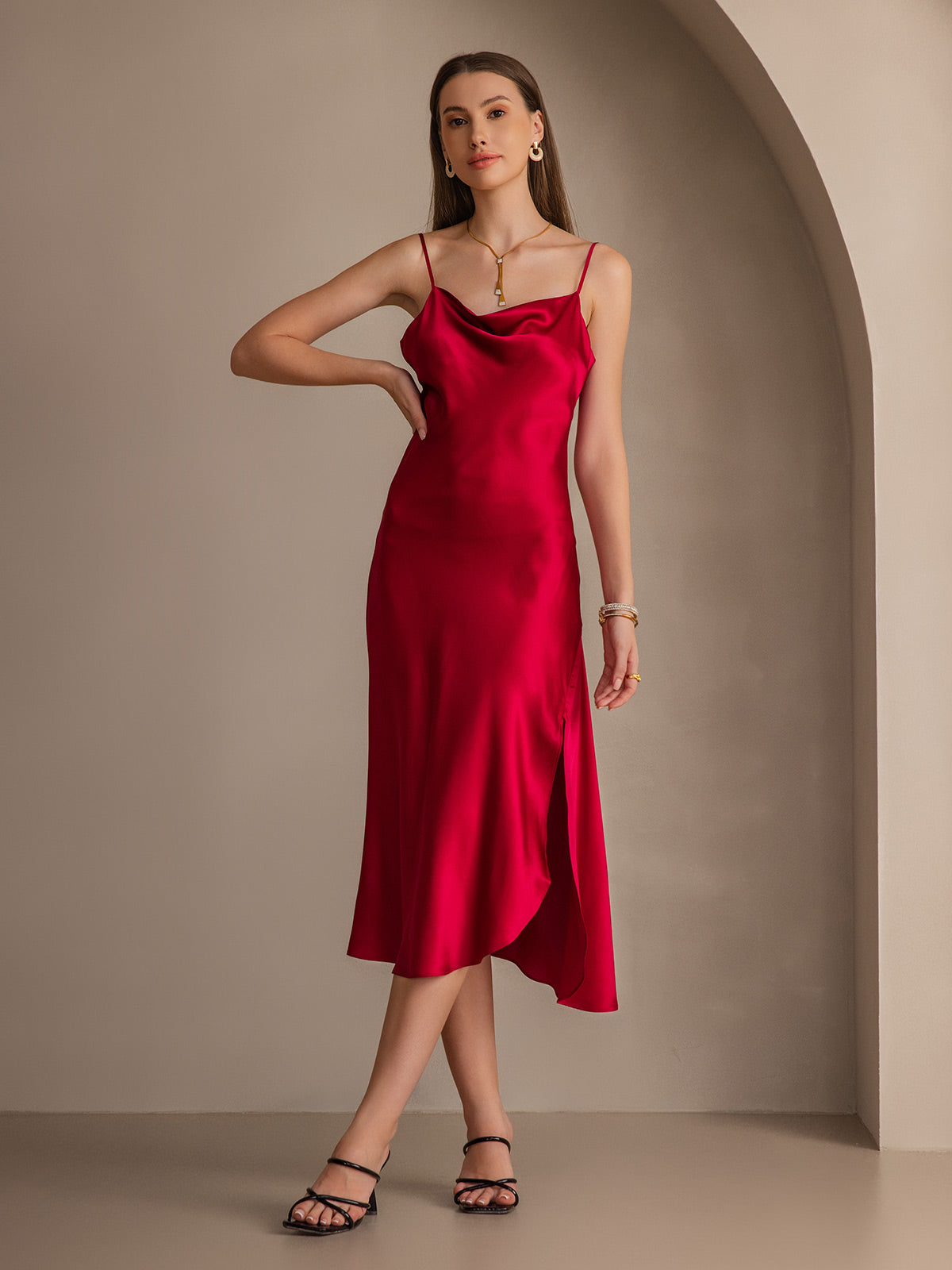 [Wine] SilkSilky-UK 19Momme Pure Silk Sleeveless Cowl Neck Dress 007