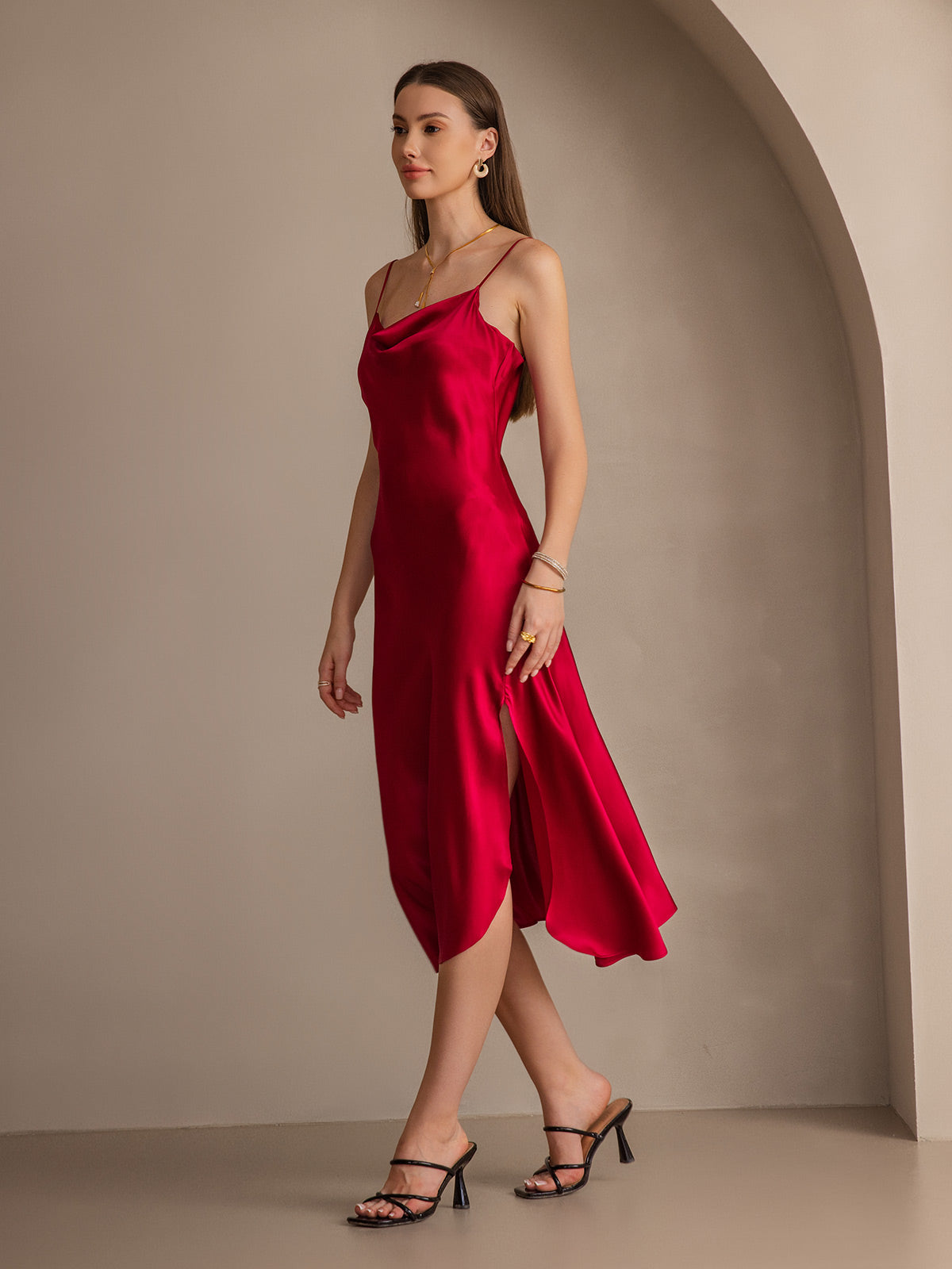 [Wine] SilkSilky-UK 19Momme Pure Silk Sleeveless Cowl Neck Dress 008