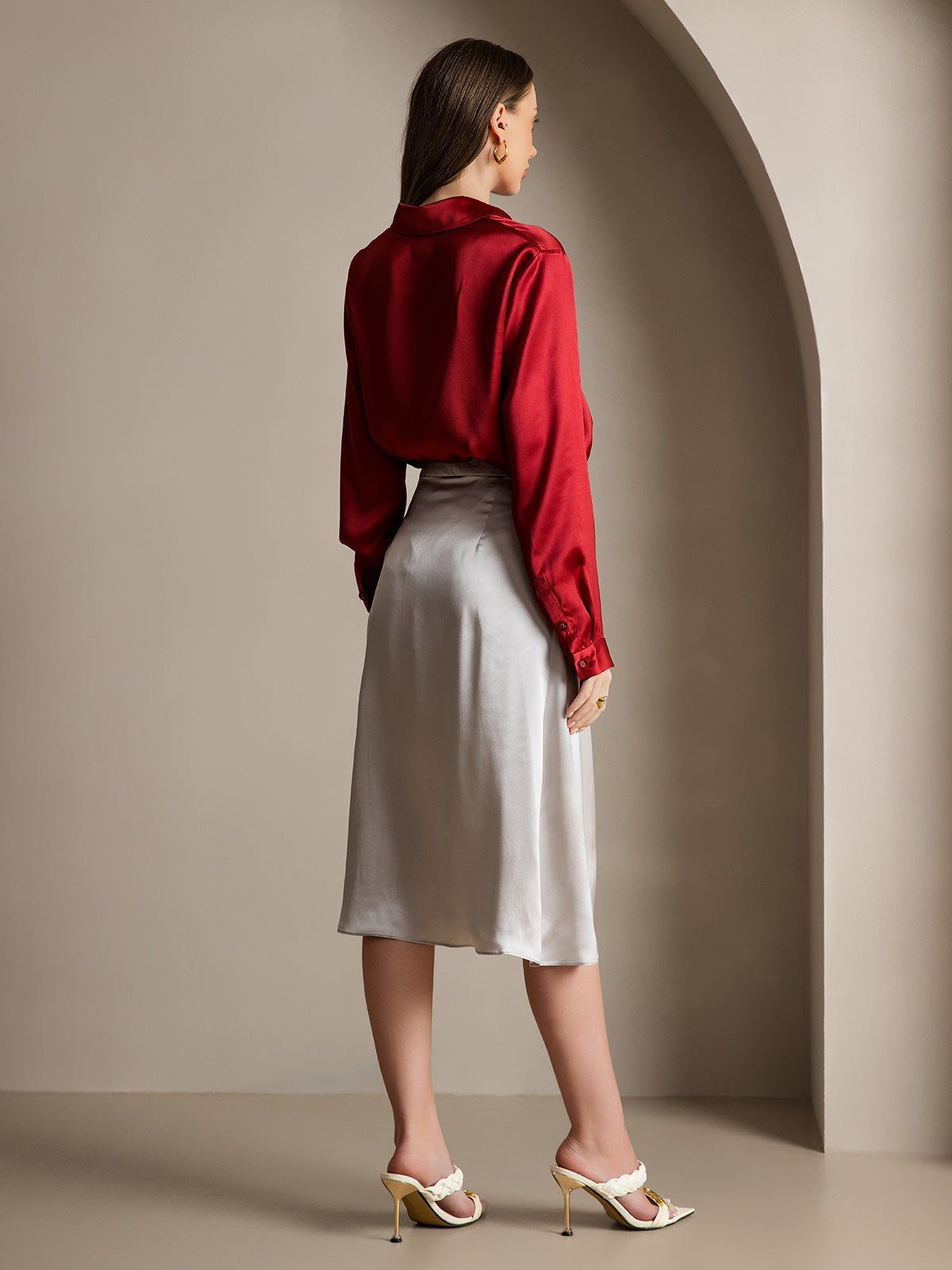 [Wine] SilkSilky-UK 19Momme Silk Collar Women's Shirt 005