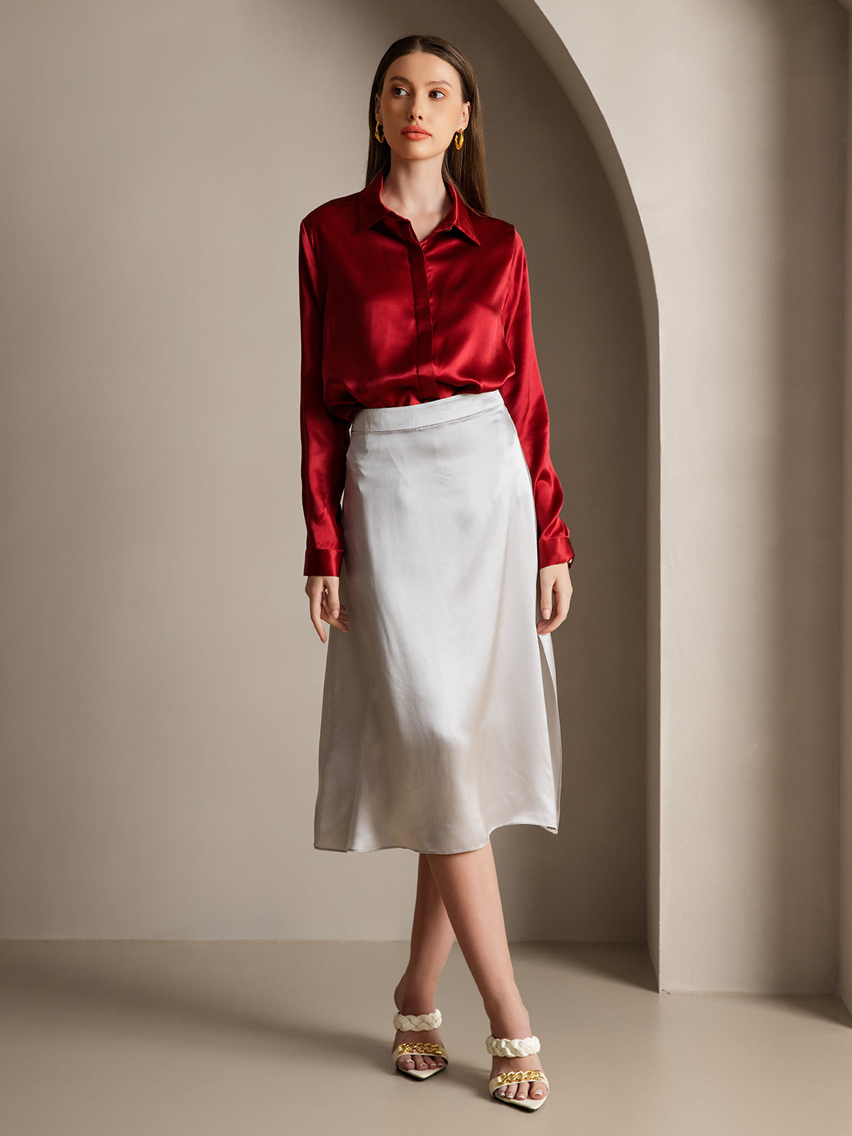 [Wine] SilkSilky-UK 19Momme Silk Collar Women's Shirt 006