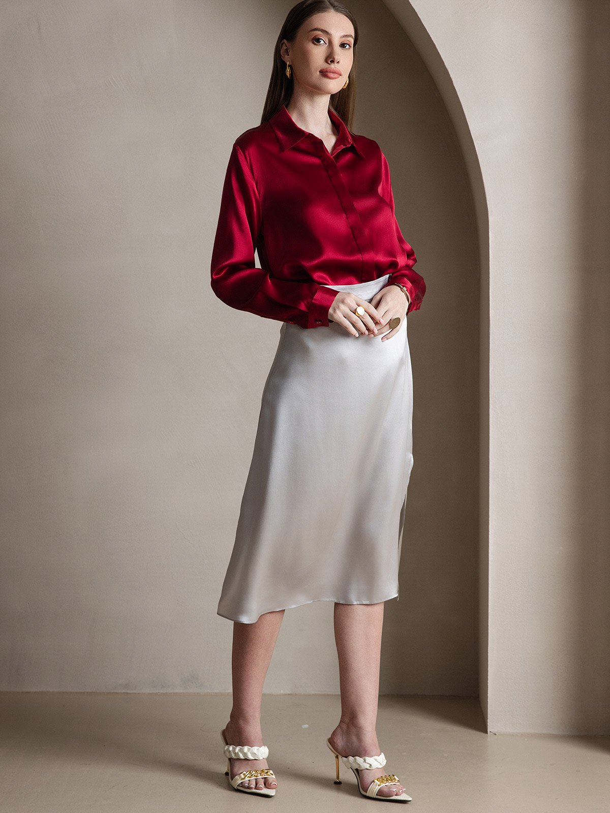 [Wine] SilkSilky-UK 19Momme Silk Collar Women's Shirt 006