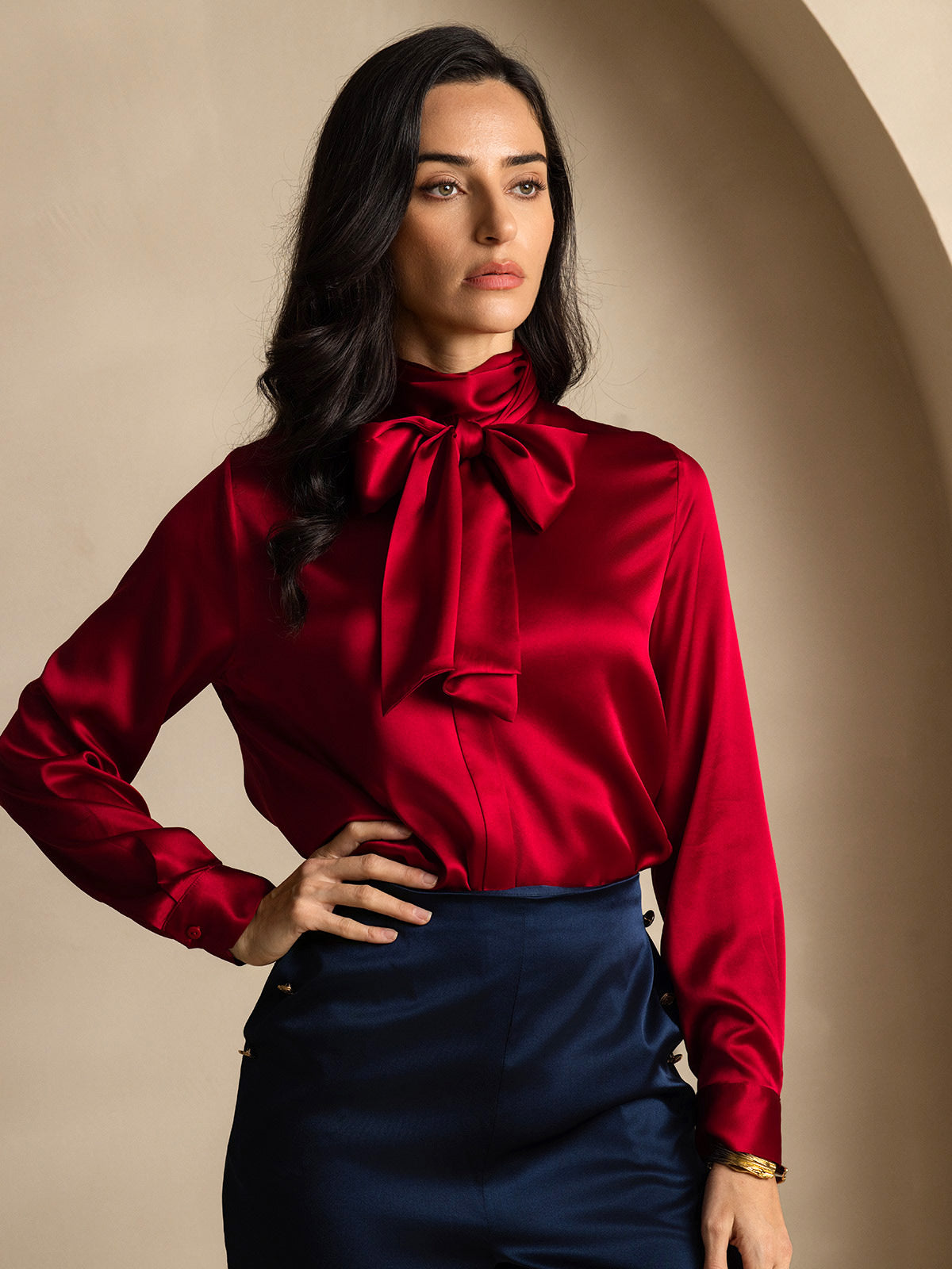 [Wine] SilkSilky-UK 19Momme Silk Long Sleeve Tie Neck Women's Shirt 001