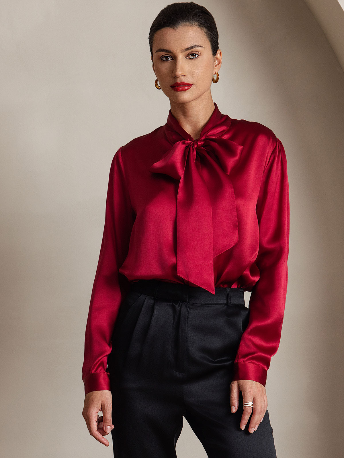 [Wine] SilkSilky-UK 19Momme Silk Long Sleeve Tie Neck Women's Shirt 001