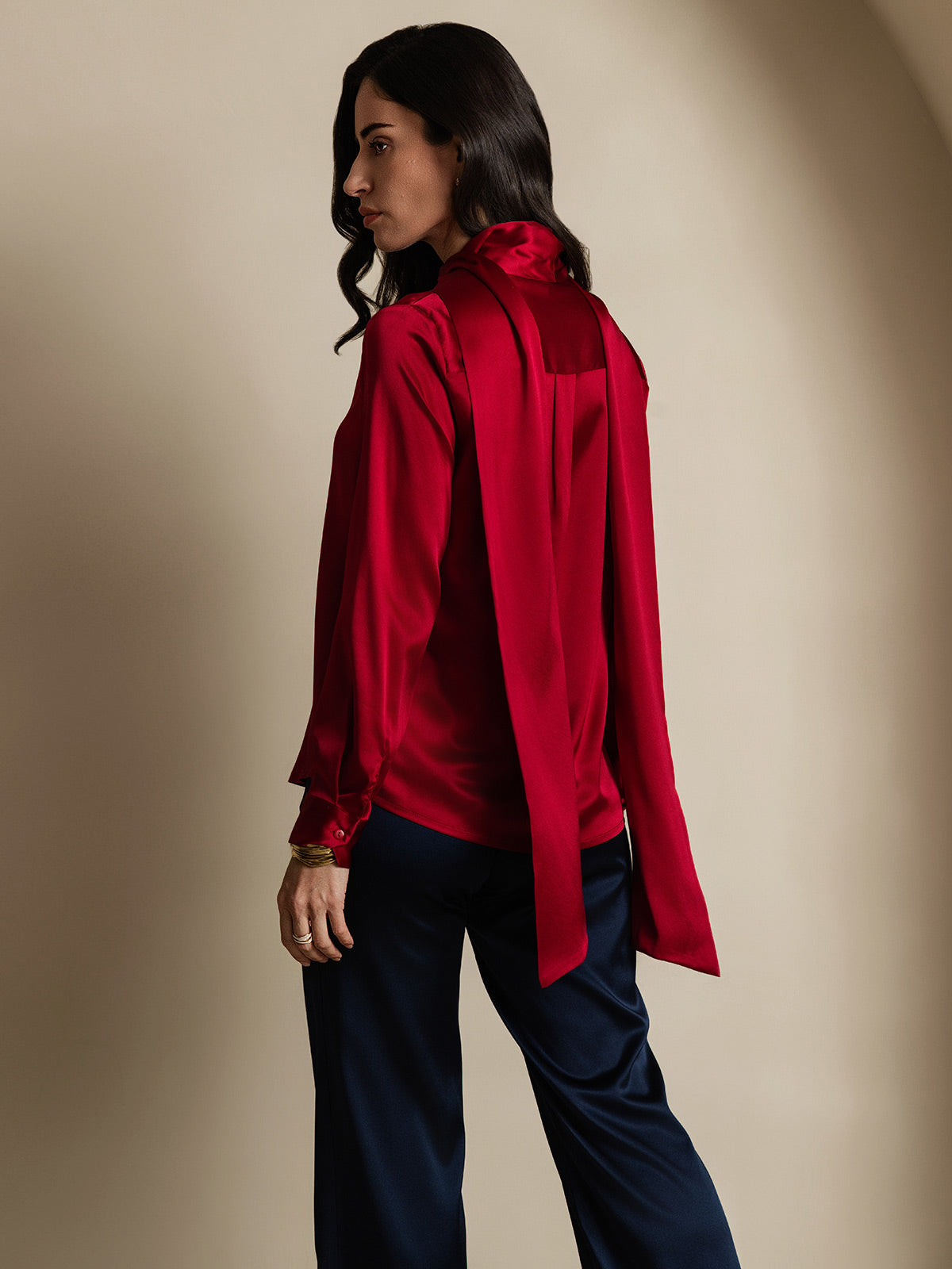 [Wine] SilkSilky-UK 19Momme Silk Long Sleeve Tie Neck Women's Shirt 002
