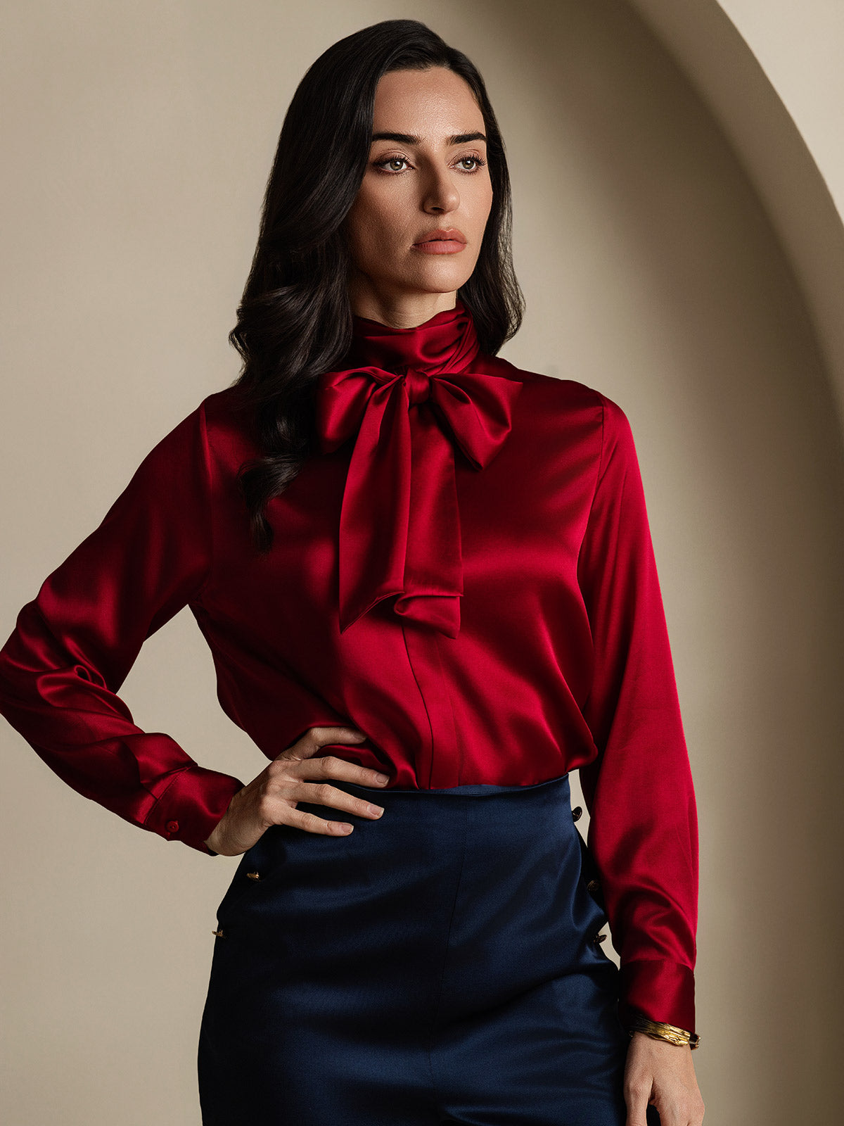 [Wine] SilkSilky-UK 19Momme Silk Long Sleeve Tie Neck Women's Shirt 003