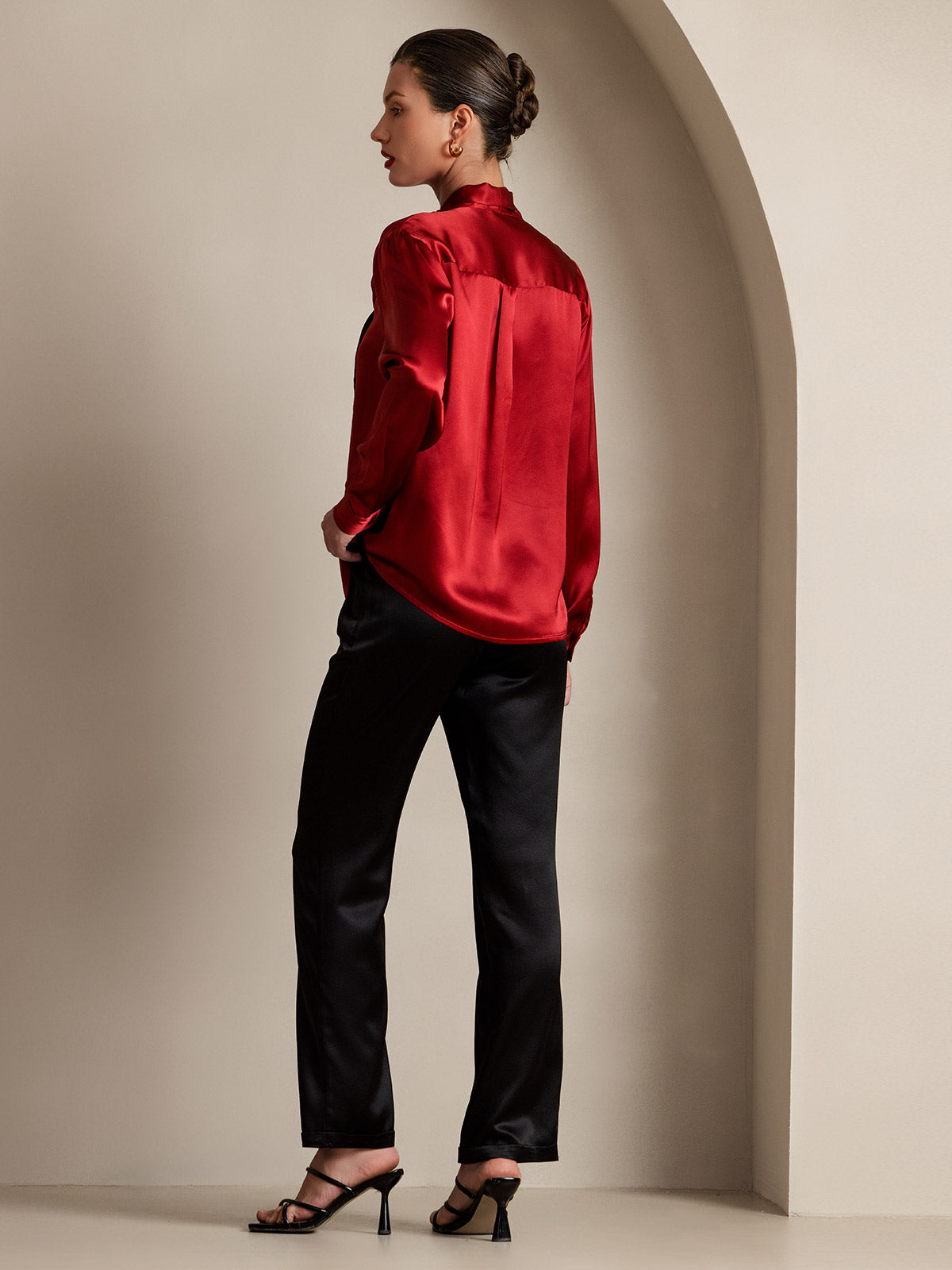[Wine] SilkSilky-UK 19Momme Silk Long Sleeve Tie Neck Women's Shirt 004