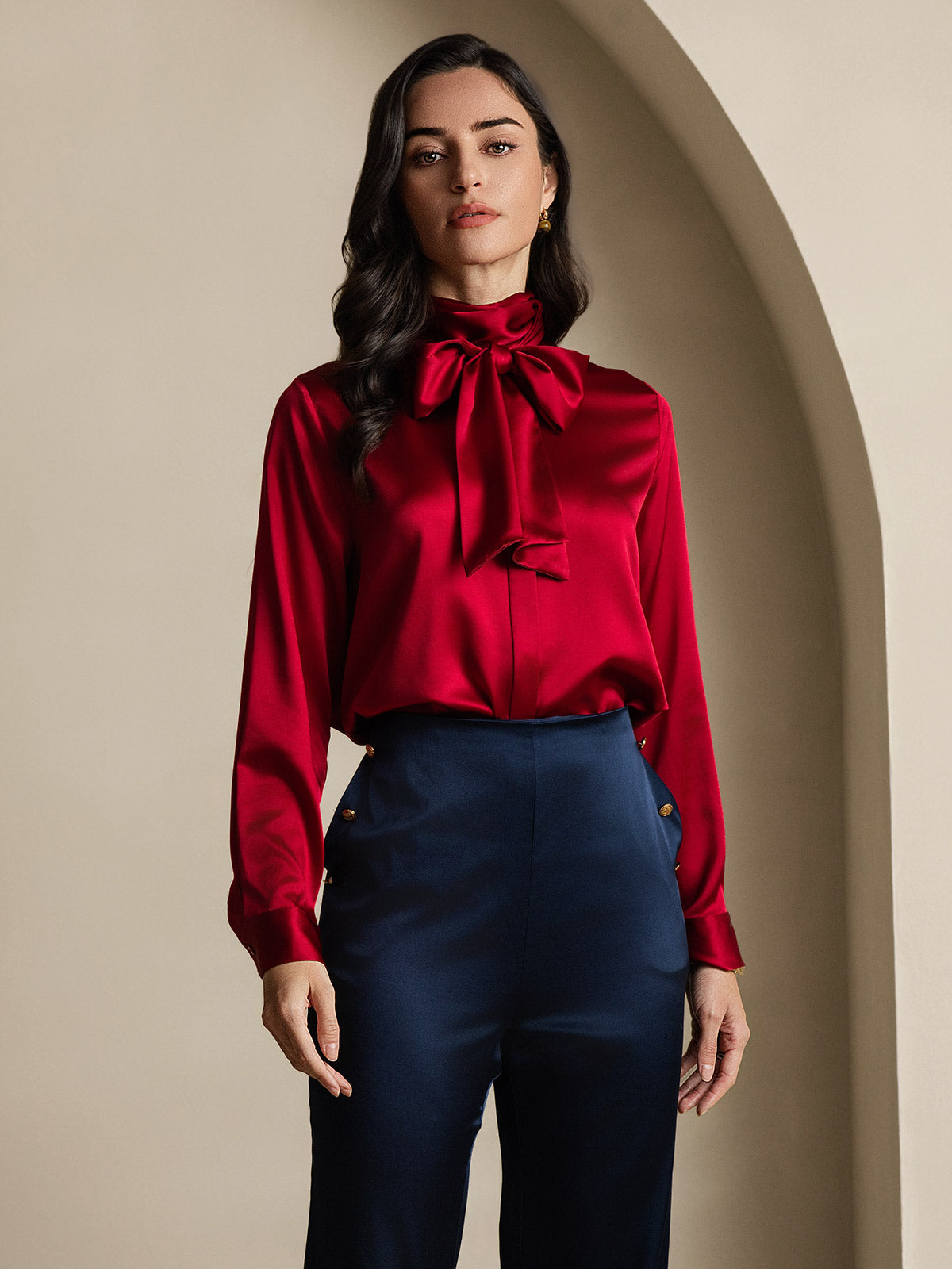 [Wine] SilkSilky-UK 19Momme Silk Long Sleeve Tie Neck Women's Shirt 005