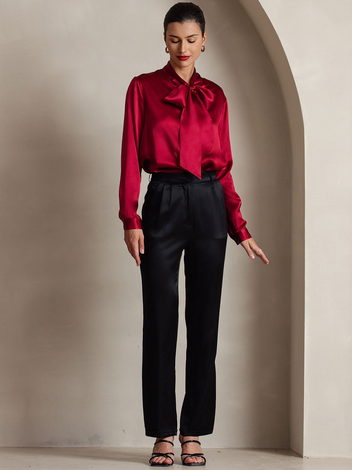 [Wine] SilkSilky-UK 19Momme Silk Long Sleeve Tie Neck Women's Shirt 005