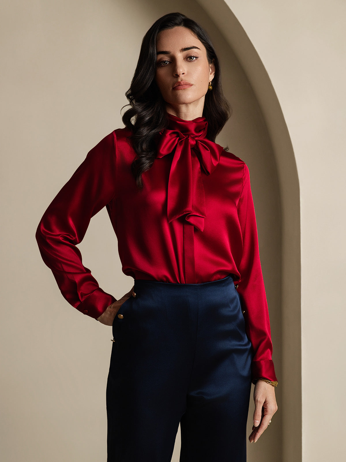 [Wine] SilkSilky-UK 19Momme Silk Long Sleeve Tie Neck Women's Shirt 006