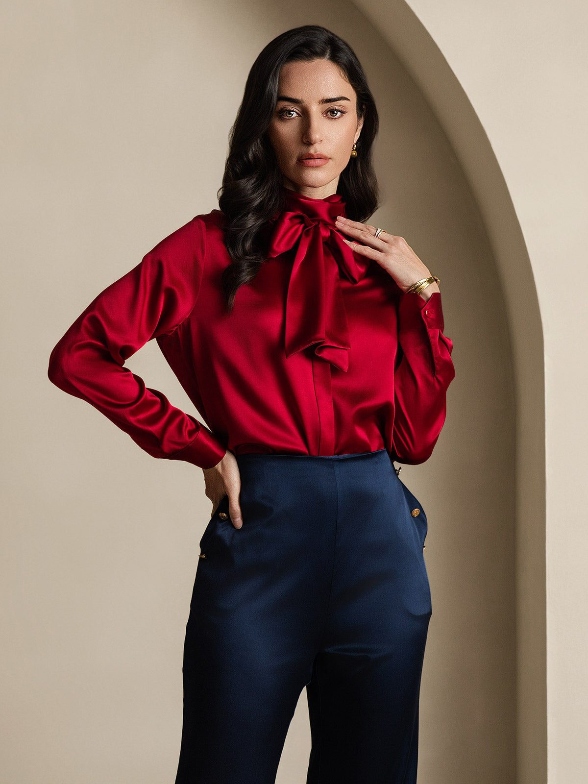 [Wine] SilkSilky-UK 19Momme Silk Long Sleeve Tie Neck Women's Shirt 006