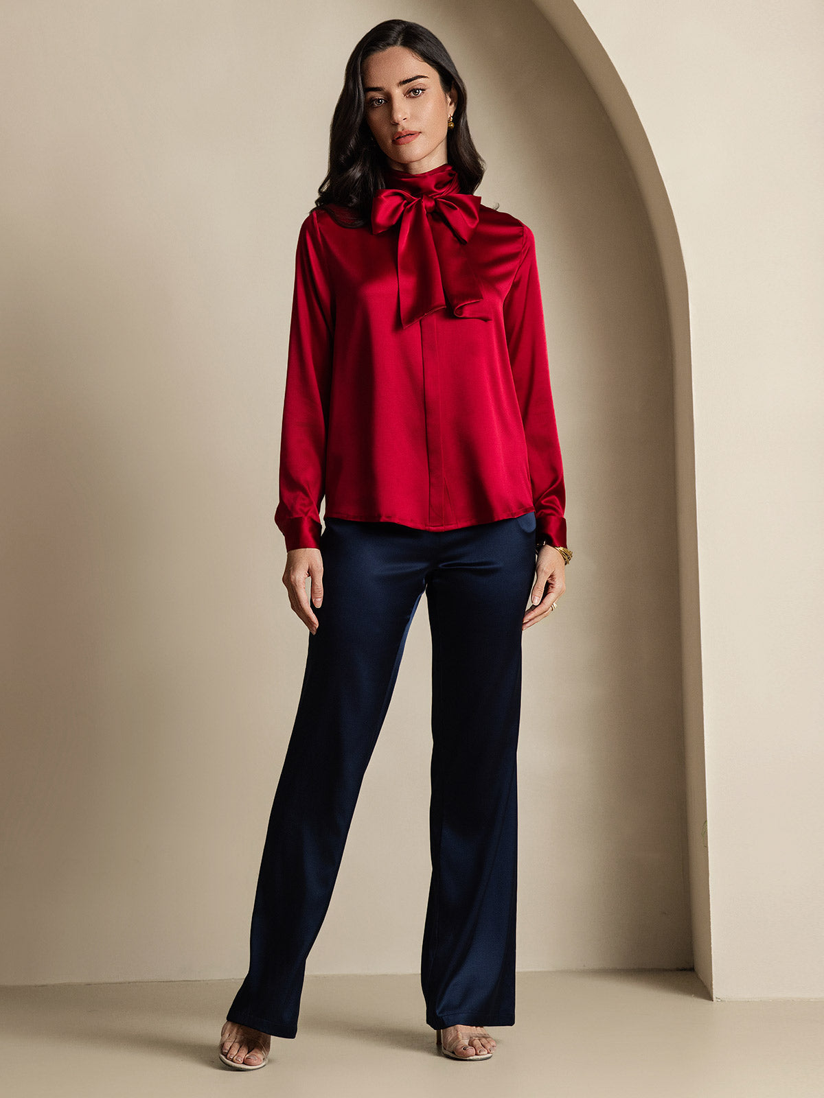 [Wine] SilkSilky-UK 19Momme Silk Long Sleeve Tie Neck Women's Shirt 007