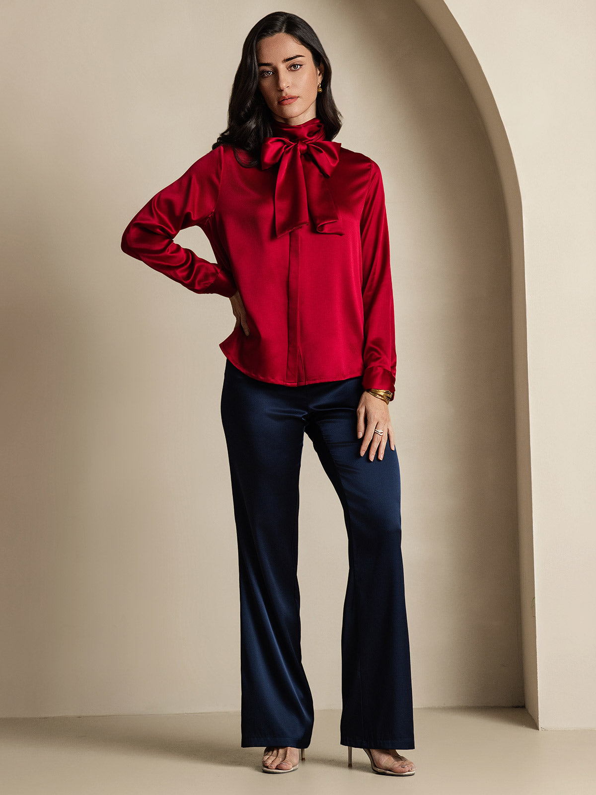 [Wine] SilkSilky-UK 19Momme Silk Long Sleeve Tie Neck Women's Shirt 008