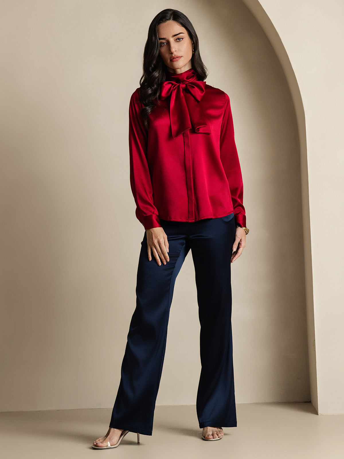 [Wine] SilkSilky-UK 19Momme Silk Long Sleeve Tie Neck Women's Shirt 009