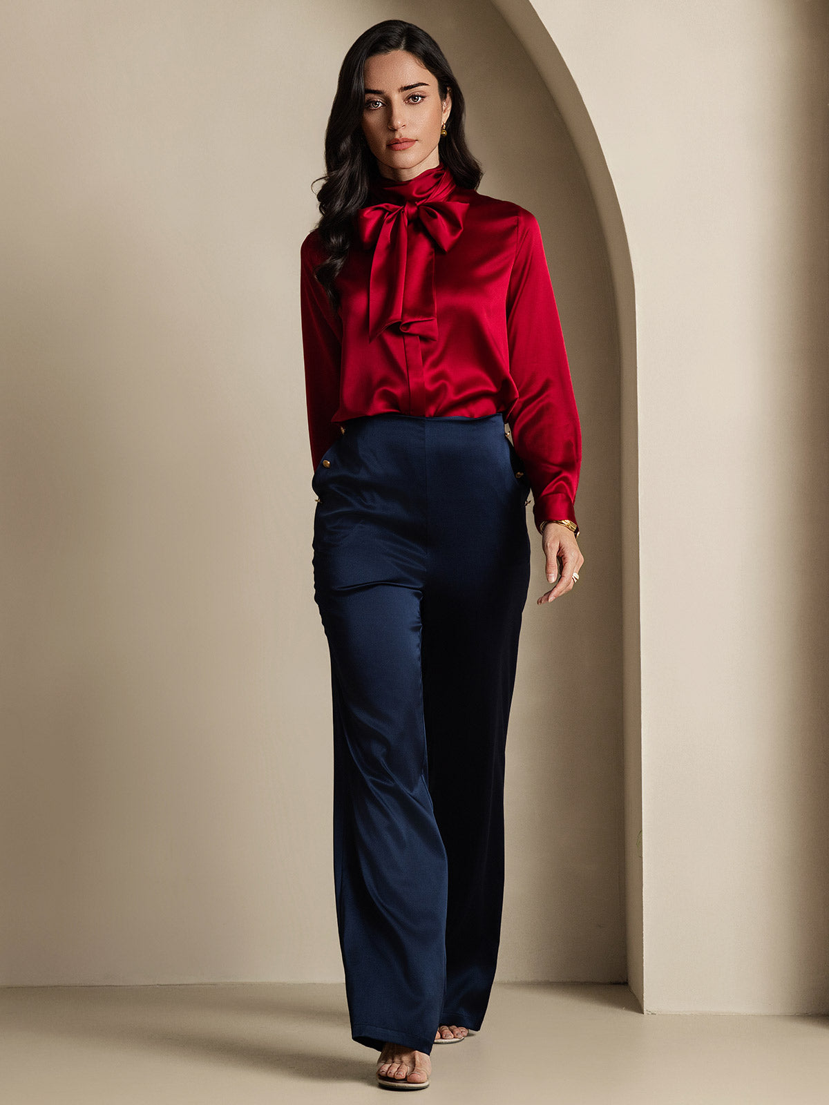 [Wine] SilkSilky-UK 19Momme Silk Long Sleeve Tie Neck Women's Shirt 011