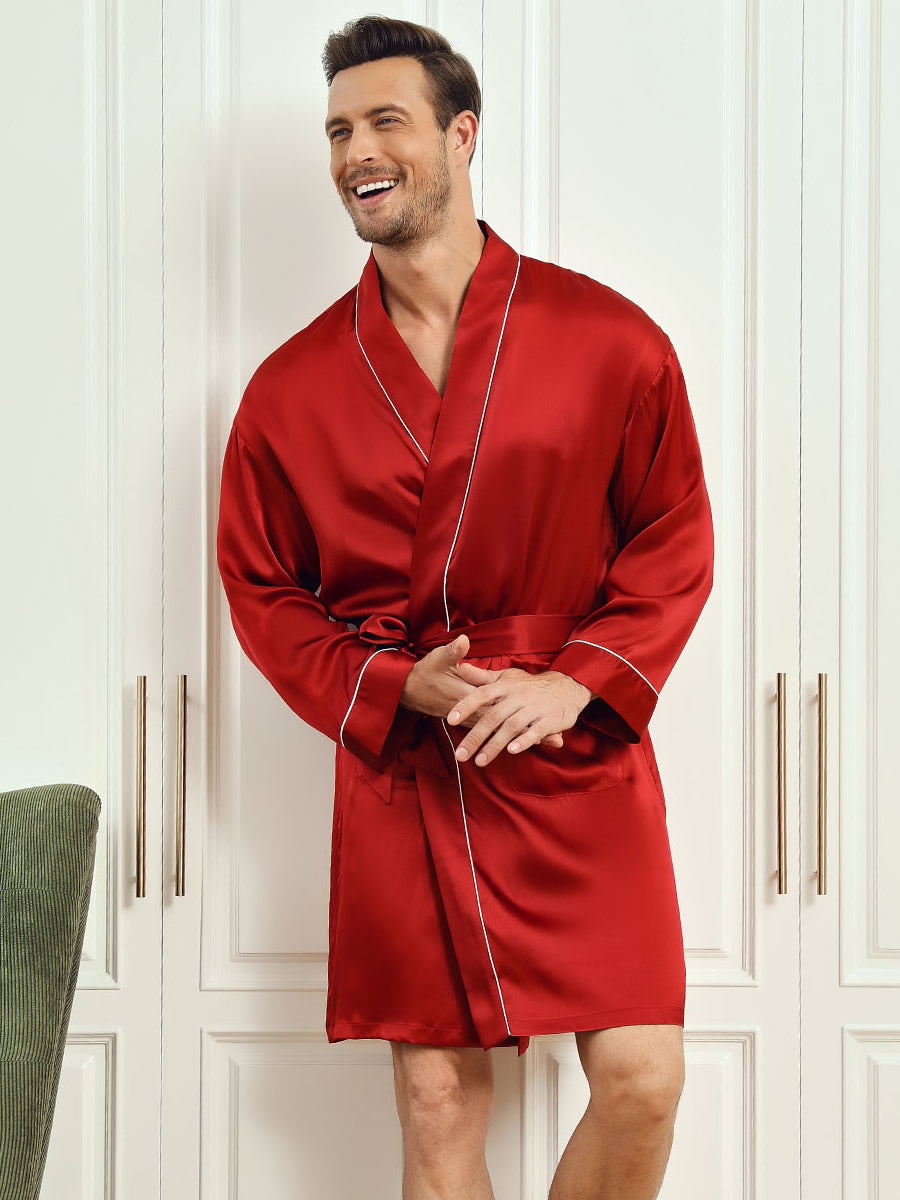 [Wine] SilkSilky-UK Pure Silk 3/4 Sleeve Mens Robe 001