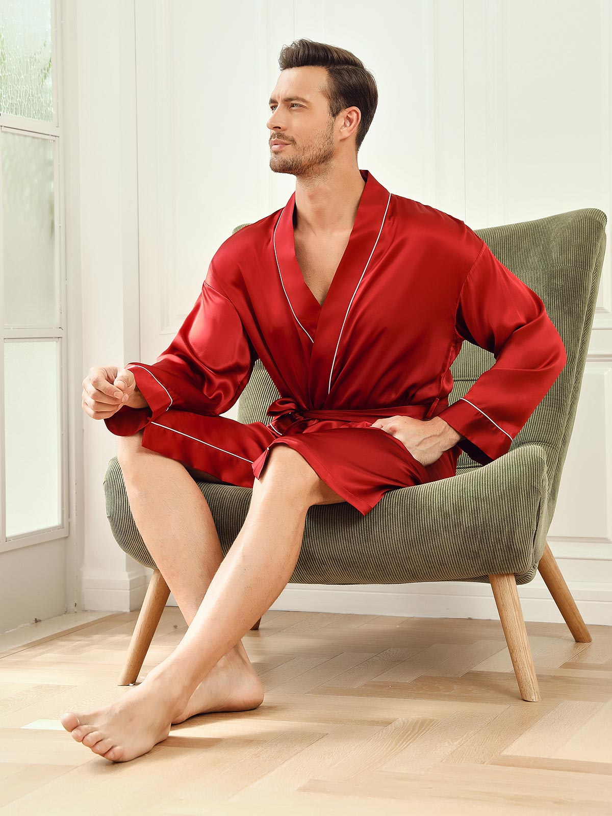 [Wine] SilkSilky-UK Pure Silk 3/4 Sleeve Mens Robe 006