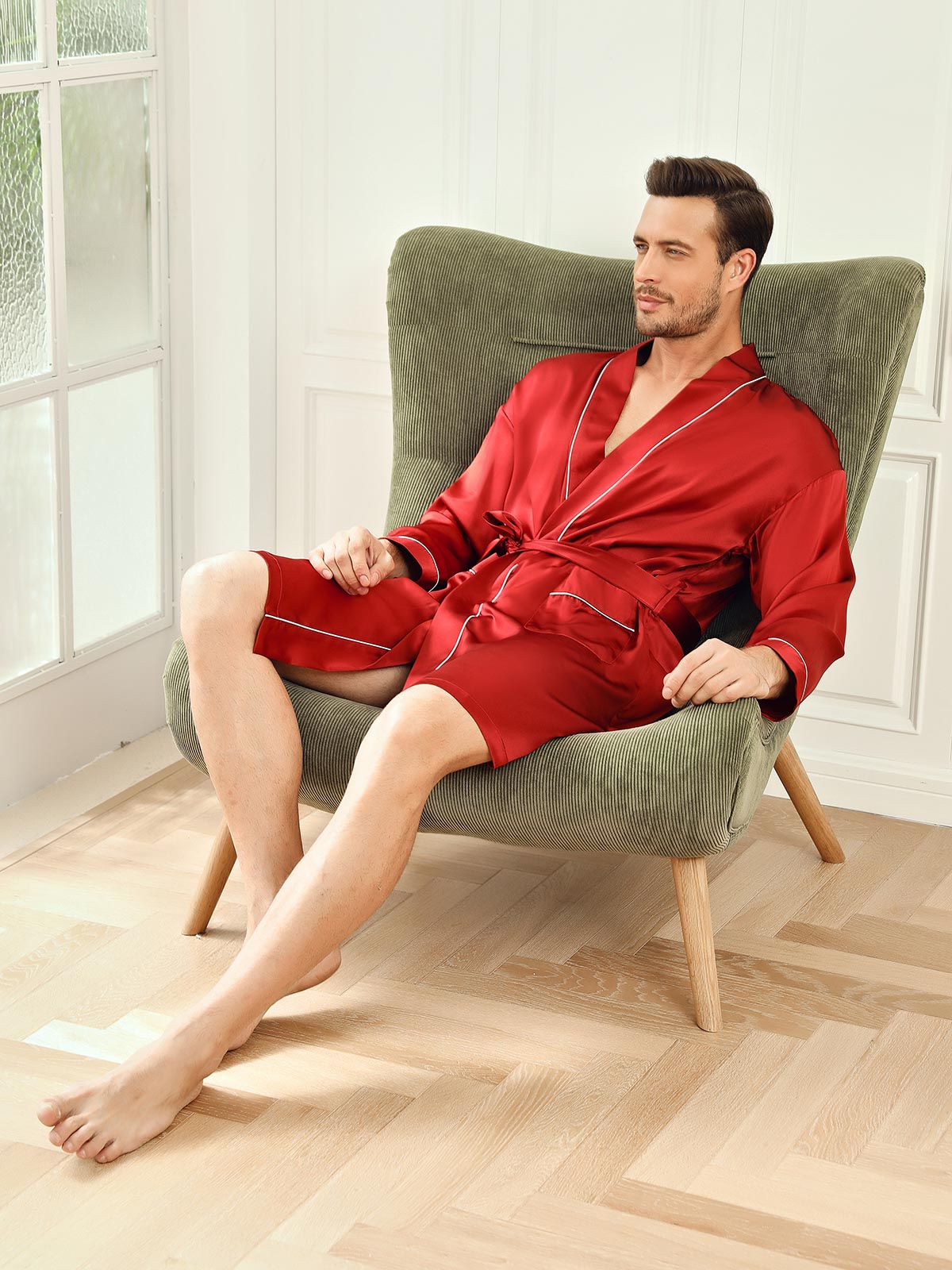 [Wine] SilkSilky-UK Pure Silk 3/4 Sleeve Mens Robe 007