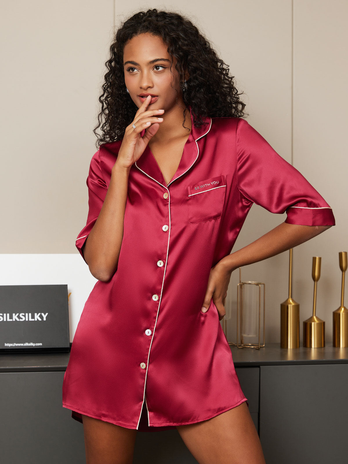 [Wine] SilkSilky-UK Pure Silk Half Sleeve Lapel Nightshirt 001