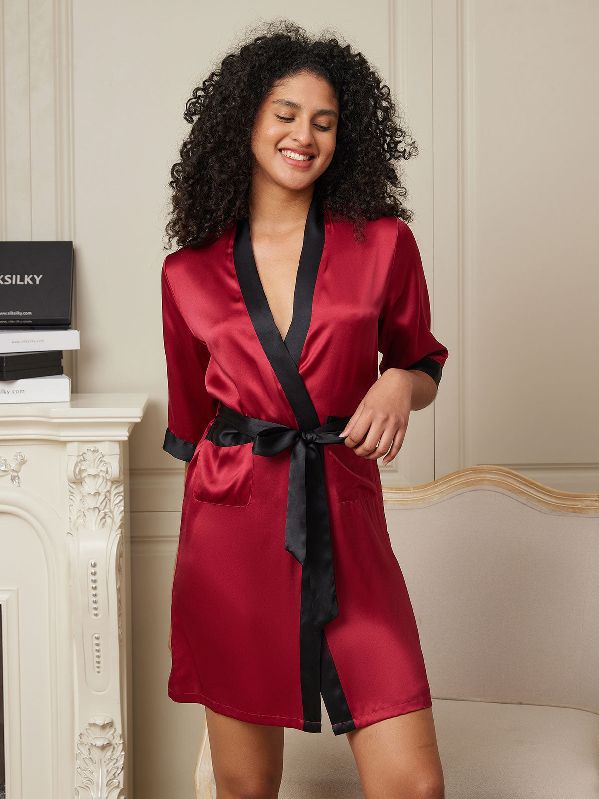 [Wine] SilkSilky-UK Pure Silk Half Sleeve Womens Robe 003